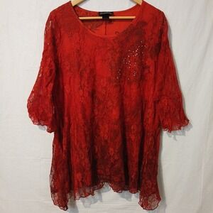 Red 3/4 Length Sleeve 1X Women's Top Fully Lined Rhinestone Accent